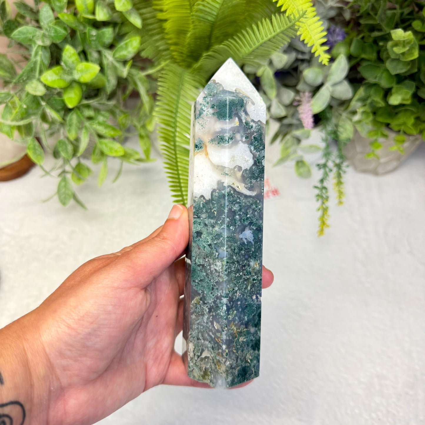 Moss Agate in Quartz Tower