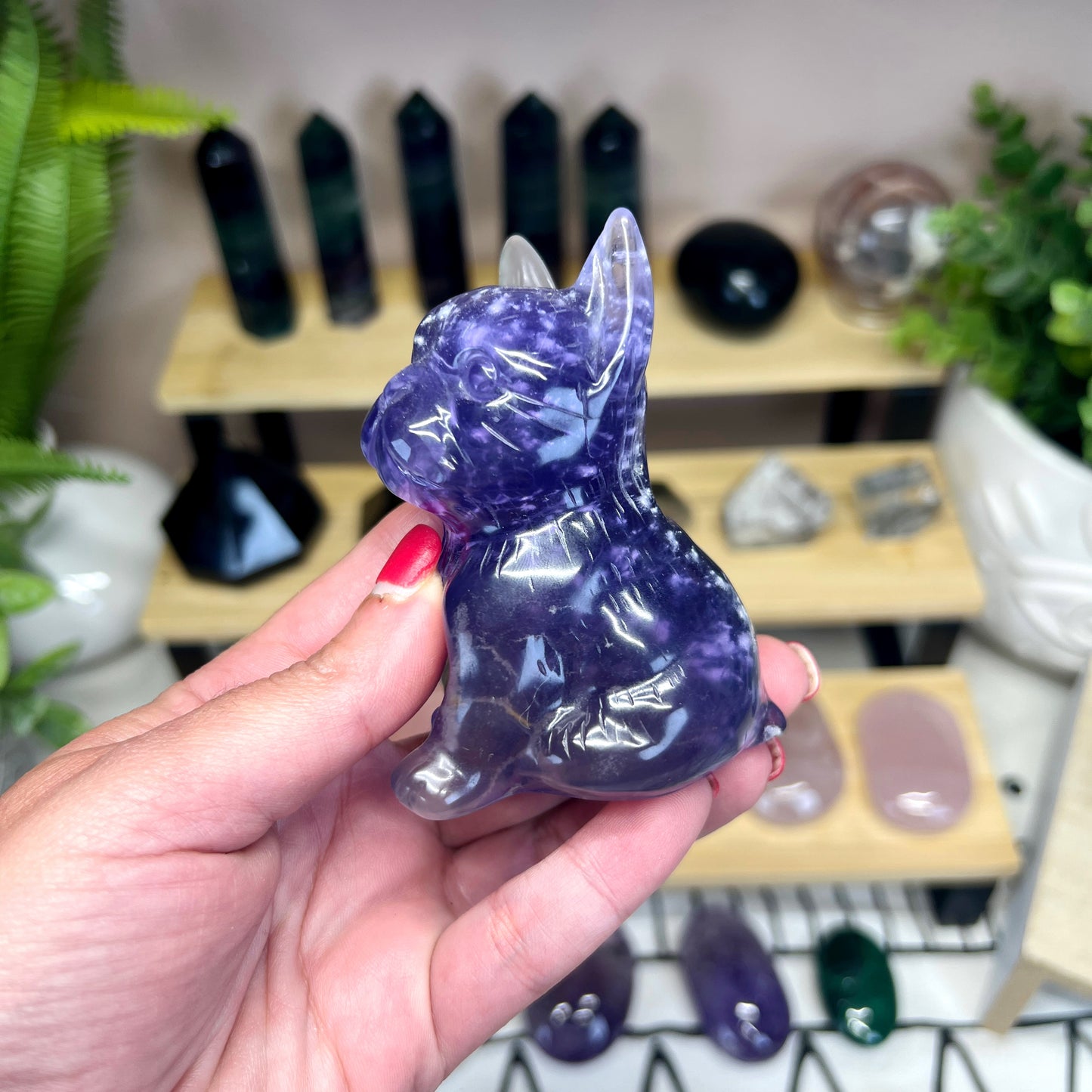 Purple Fluorite French Bull Dog Carving