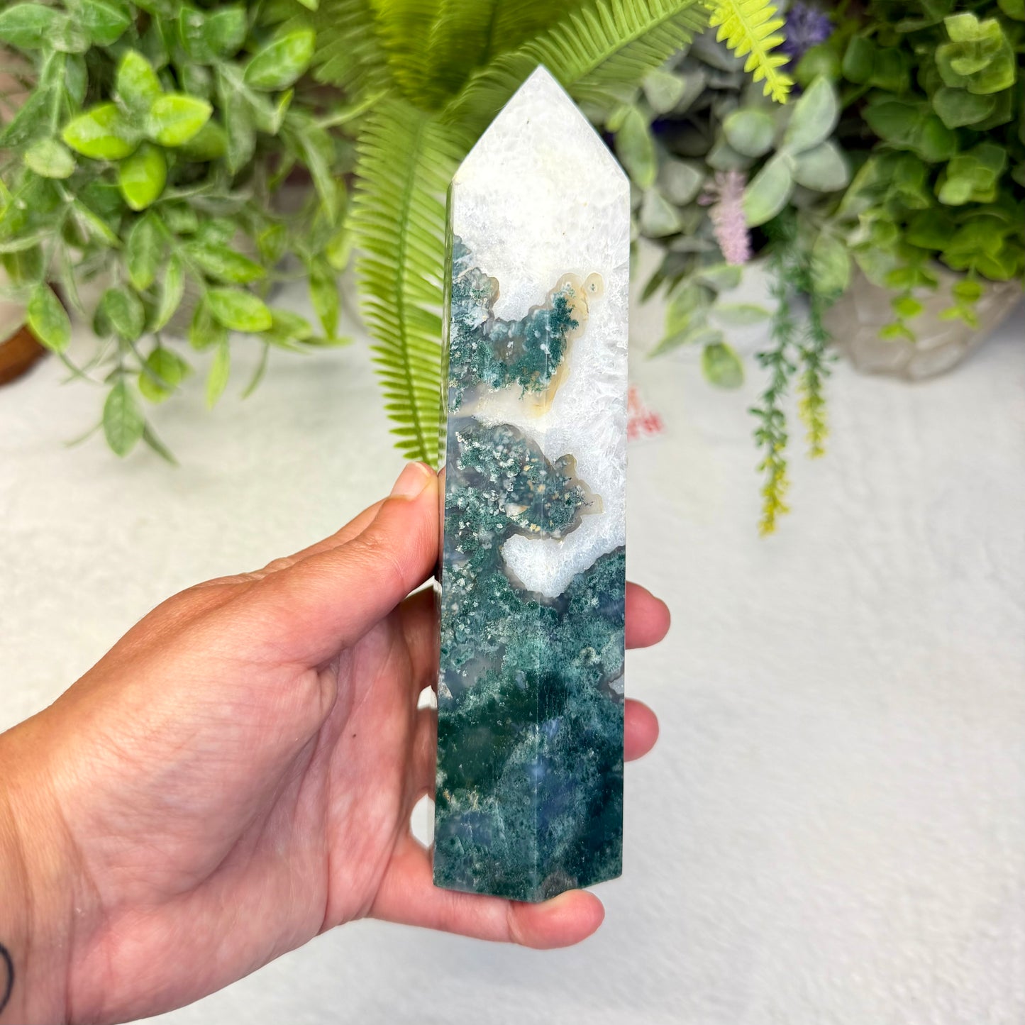 Moss Agate in Quartz Tower