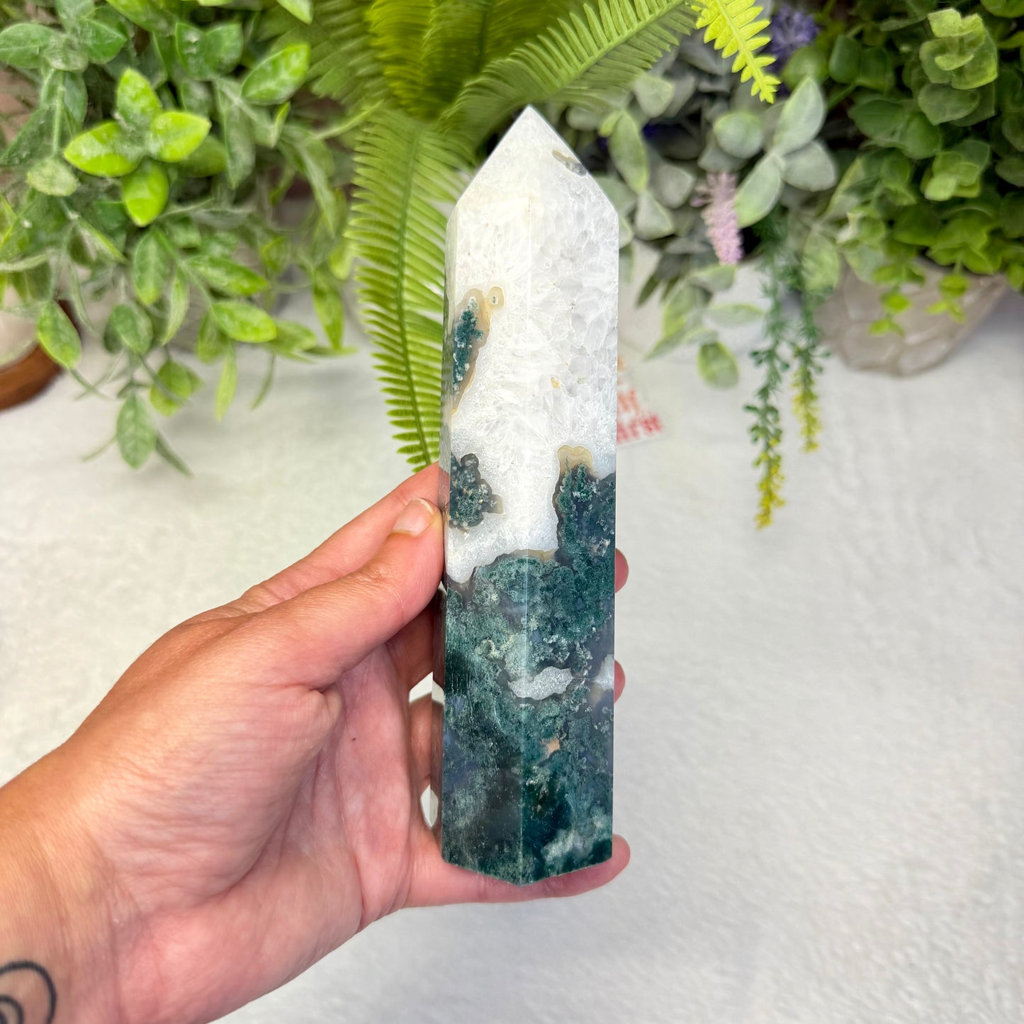 Moss Agate in Quartz Tower
