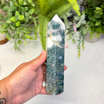Moss Agate in Quartz Tower