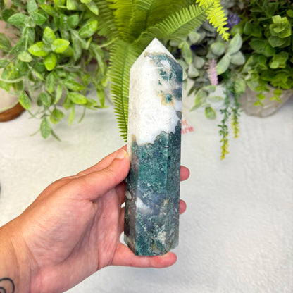 Moss Agate in Quartz Tower