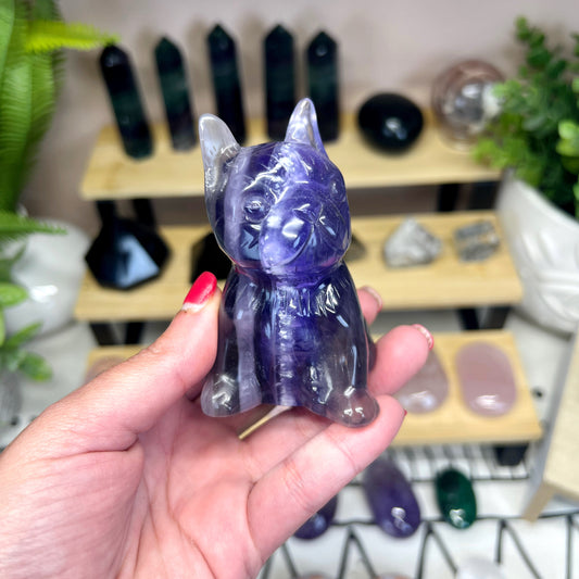 Purple Fluorite French Bull Dog Carving