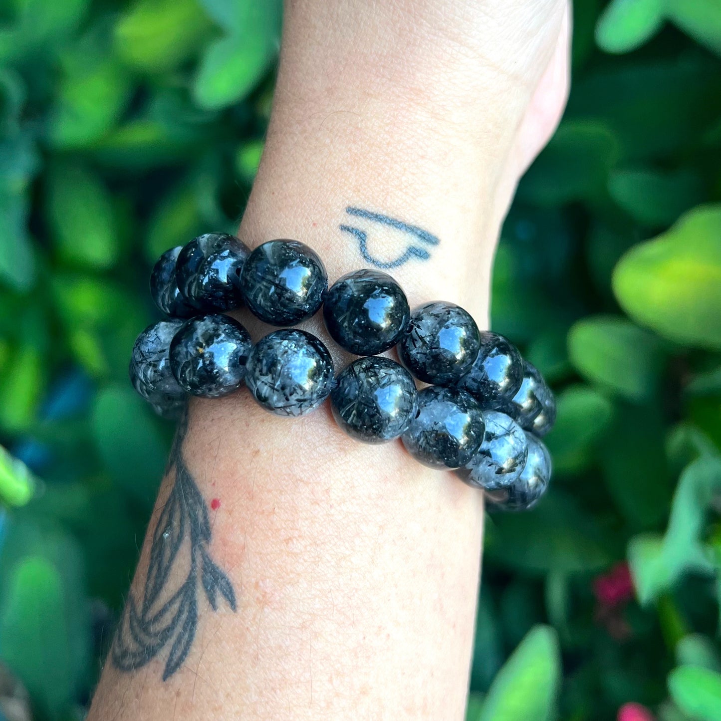 Black Tourmaline in Quartz Beaded Stretch Bracelet (11mm)